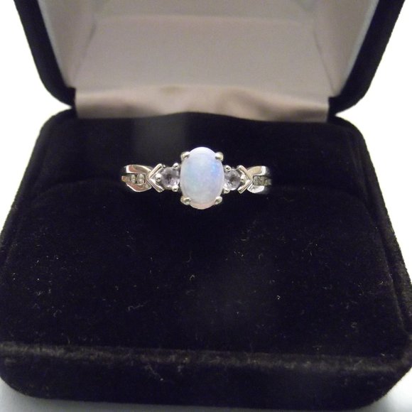 14K detailed Blue Opal Ring with Diamonds - Picture 1 of 12